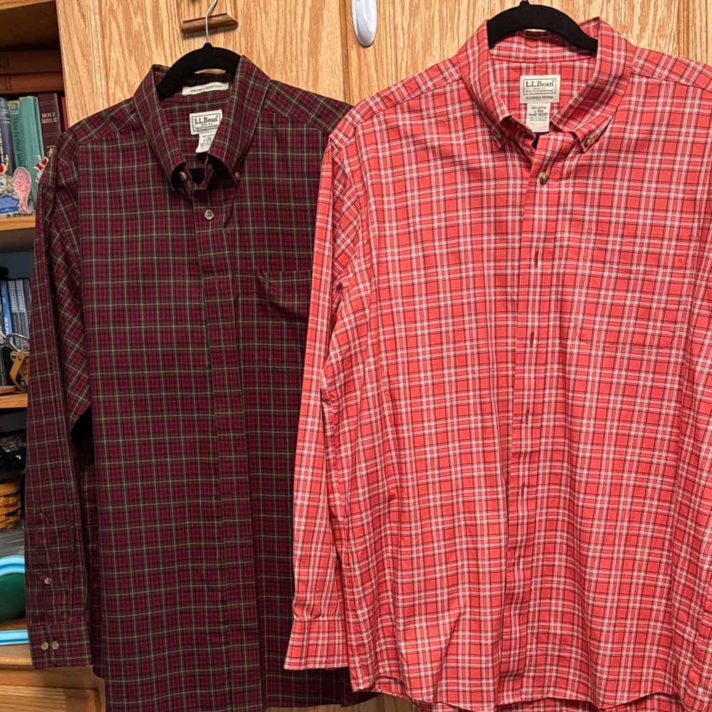 L.L. Bean 2 Men's Casual Plaid Shirts - Dark Red & Green plaid and Coral Plaid